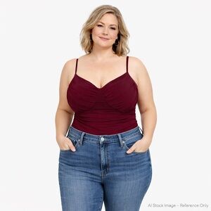 Express Body Contour Ruched Mesh V-Neck Bodysuit Maroon Women’s XL